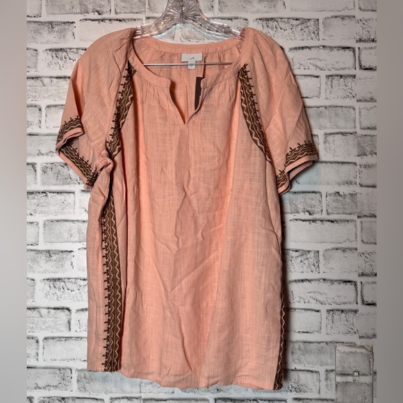 J. Jill Peach short Sleeve top Relaxed Boxy Style with embroidery linen blend - Picture 1 of 9
